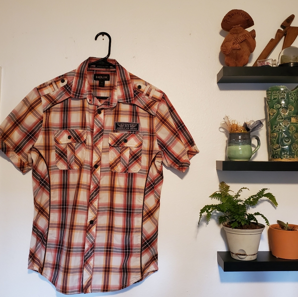 Short Sleeve Plaid Orange Buttoned Shirt